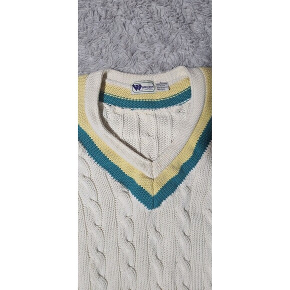 VTG Wimbledon Hartwell Cable Knit Pullover V Neck Sweater Mens Large Grandpacore - Picture 4 of 7